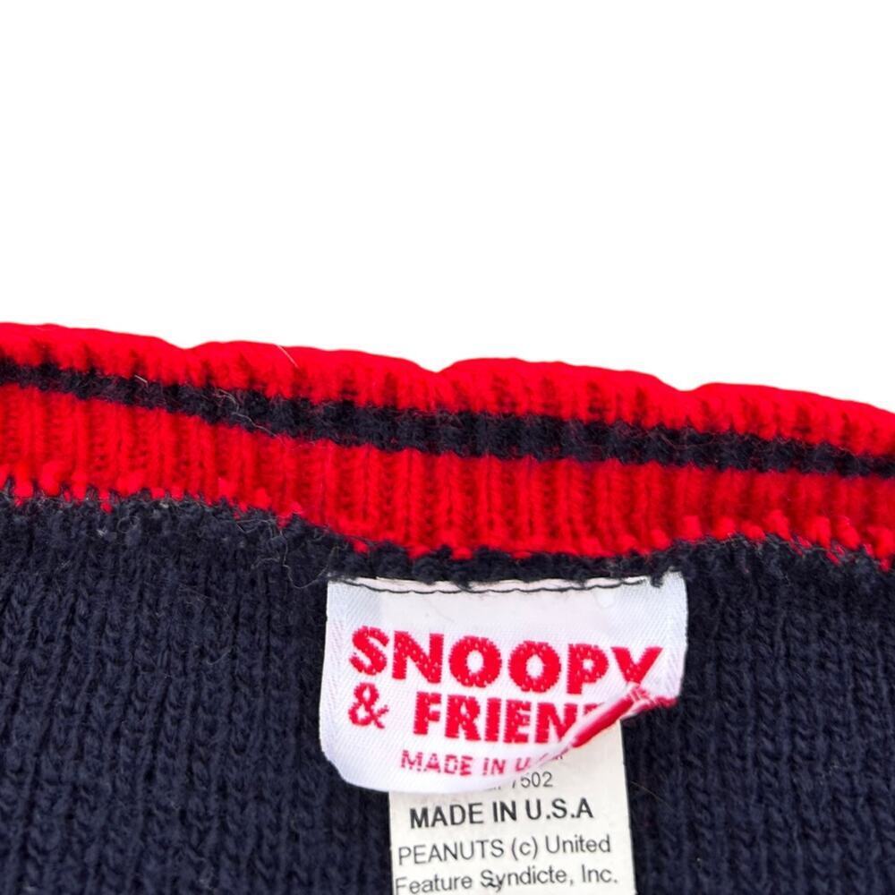 Vintage Peanuts Snoopy Cardigan Sweater Knit Floral Navy Blue Red Size Large - Picture 4 of 6